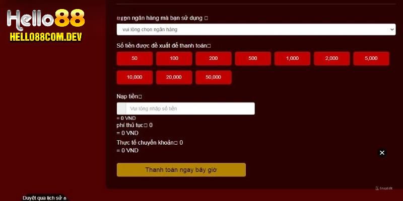 Các phương thức nạp tiền Hello88 được cập nhật